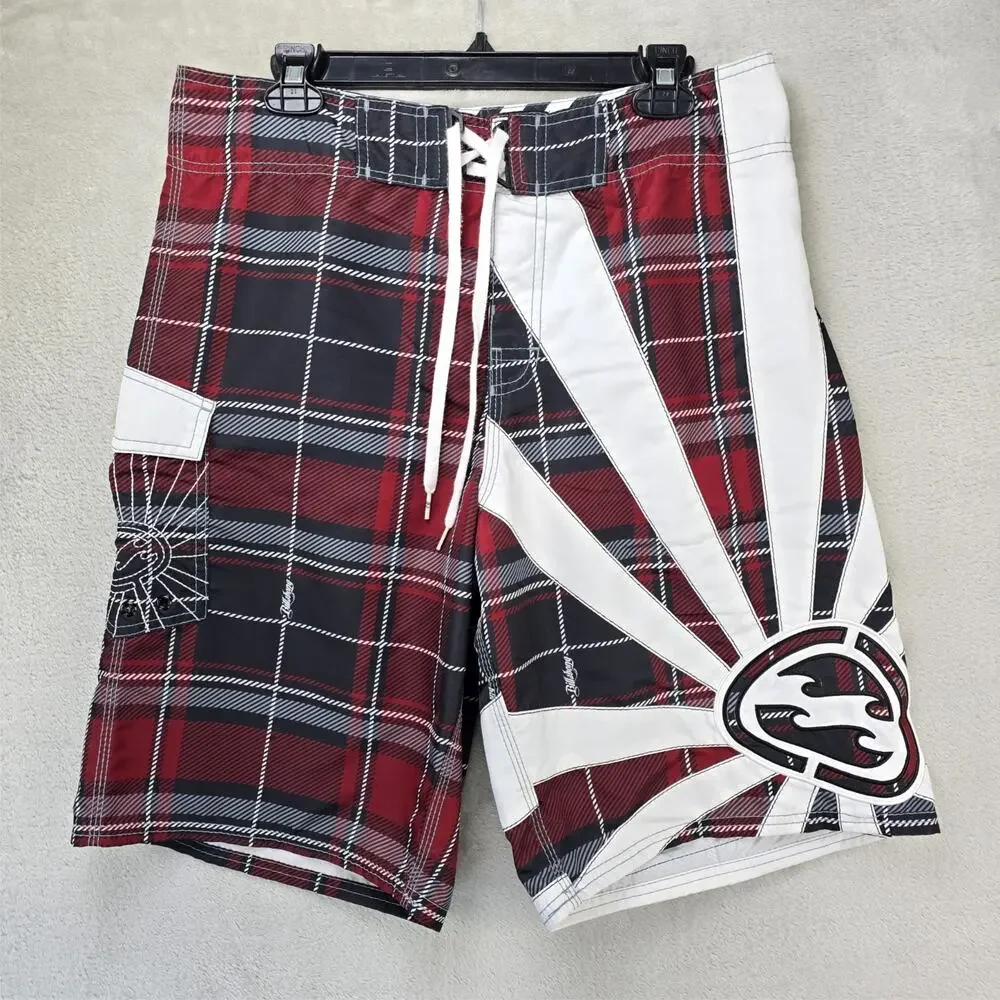 Vtg Billabong Andy Irons Rising Sun Plaid Board Shorts Mens 34 Red Black Y2K